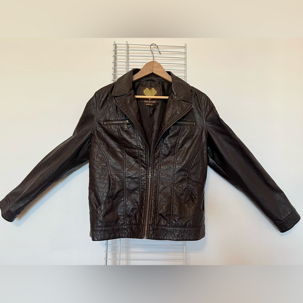Size L. Brown faux leather motorcycle jacket.